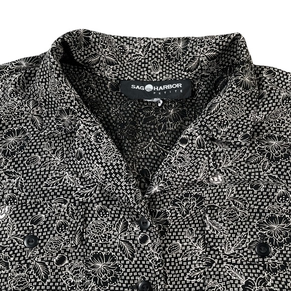 Sag Harbor Petite size small vintage black & white floral button down shirt EUC - Picture 3 of 13